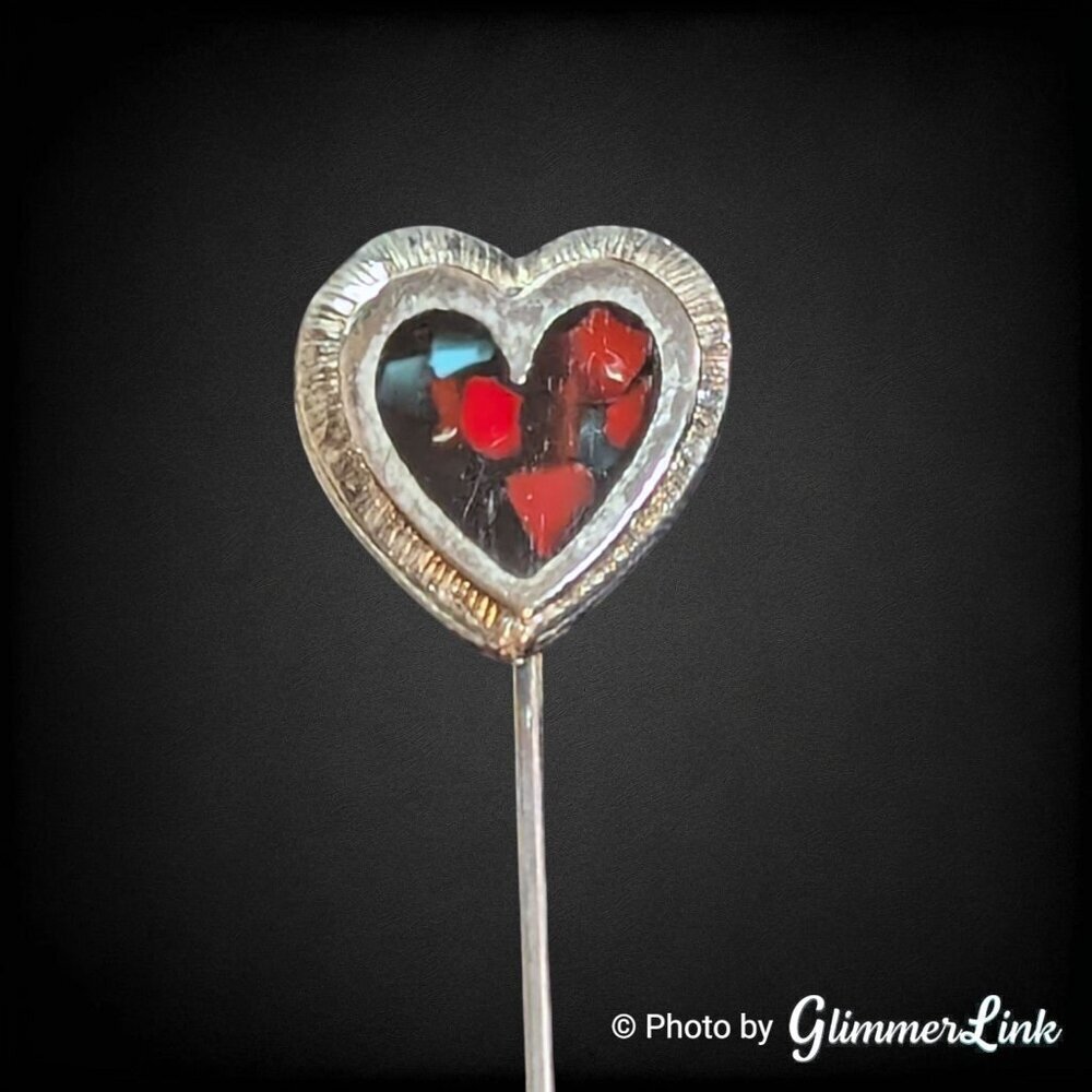 Vintage Heart Mosaic Style Stick Pin Silver Tone Lapel Hat Pin